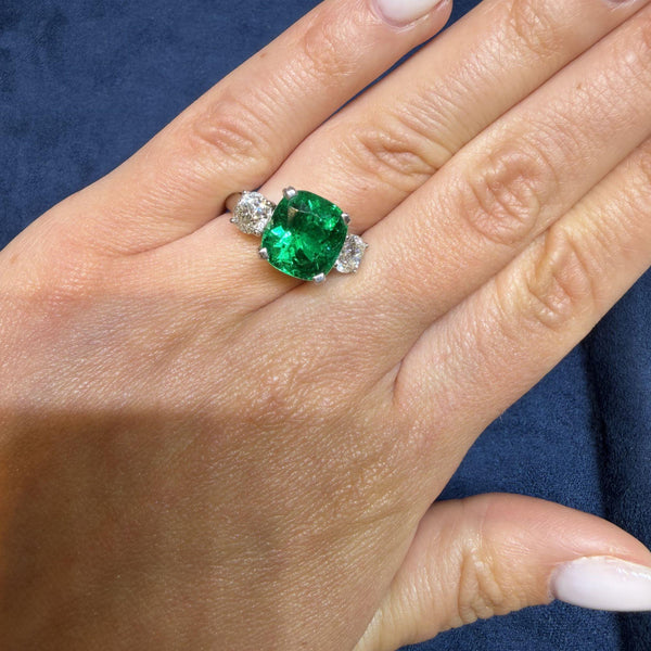 5.41 Carat Vivid Green Colombian Muzo Emerald & Old Euro Diamond 3 Stone Ring