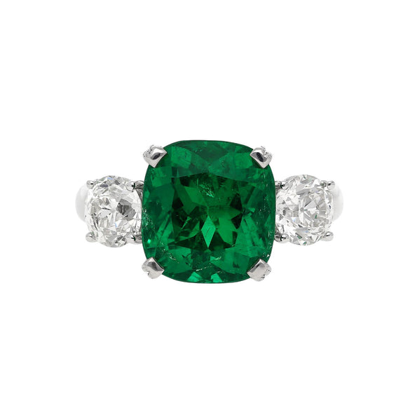 5.41 Carat Vivid Green Colombian Muzo Emerald & Old Euro Diamond 3 Stone Ring