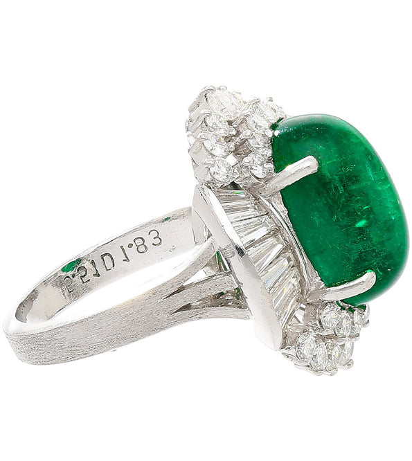 5.51 Carat Cabochon Cut Emerald & Diamond Platinum Ballerina Ring