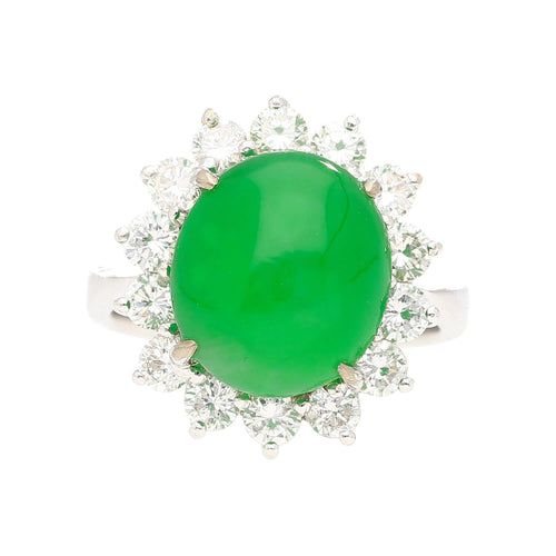 5.74ct Grade A Green Jade with Round-Cut Diamond Halo Ring