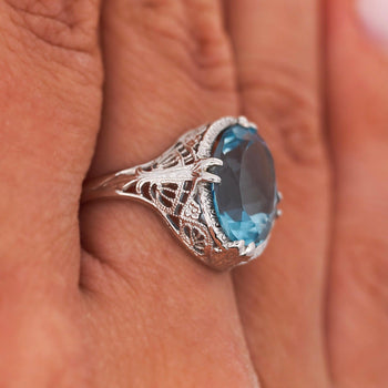 6.22 Carat Oval Aquamarine in Engraved 14K White Gold Edwardian Filigree Ring – Assay Jewelers
