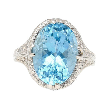 6.22 Carat Oval Aquamarine in Engraved 14K White Gold Edwardian Filigree Ring – Assay Jewelers