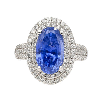 6.34 Carat No Heat Oval Cut Blue Sapphire and Diamond Halo 18K Ring GRS Certified – Assay Jewelers