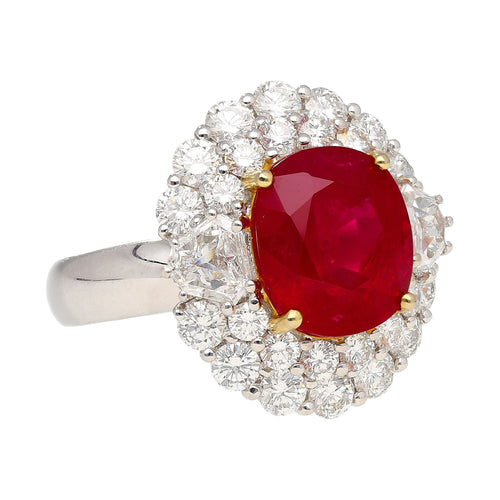 6.39 Carat Vivid Red "Pigeons Blood" Oval Cut Burma Ruby and Diamond Ring