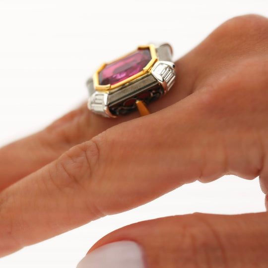 6.94 Carat Emerald Cut Ruby & Diamond 18K Black Bezel Gold Ring