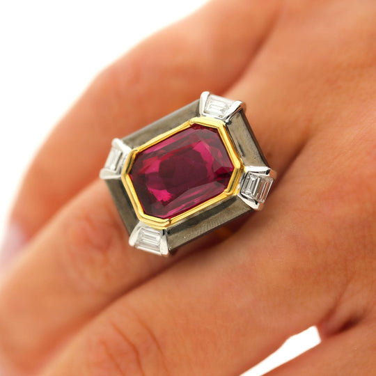 6.94 Carat Emerald Cut Ruby & Diamond 18K Black Bezel Gold Ring