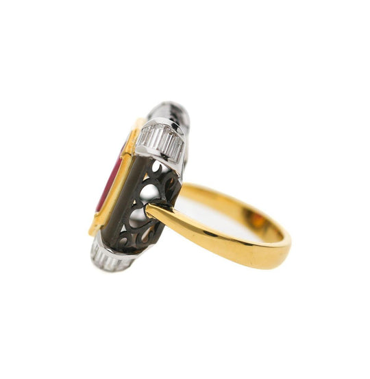 6.94 Carat Emerald Cut Ruby & Diamond 18K Black Bezel Gold Ring