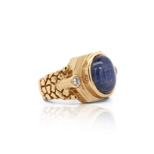 7 Carat Blue Star Sapphire Cabochon & Diamond 14K Gold Nugget Mens Ring
