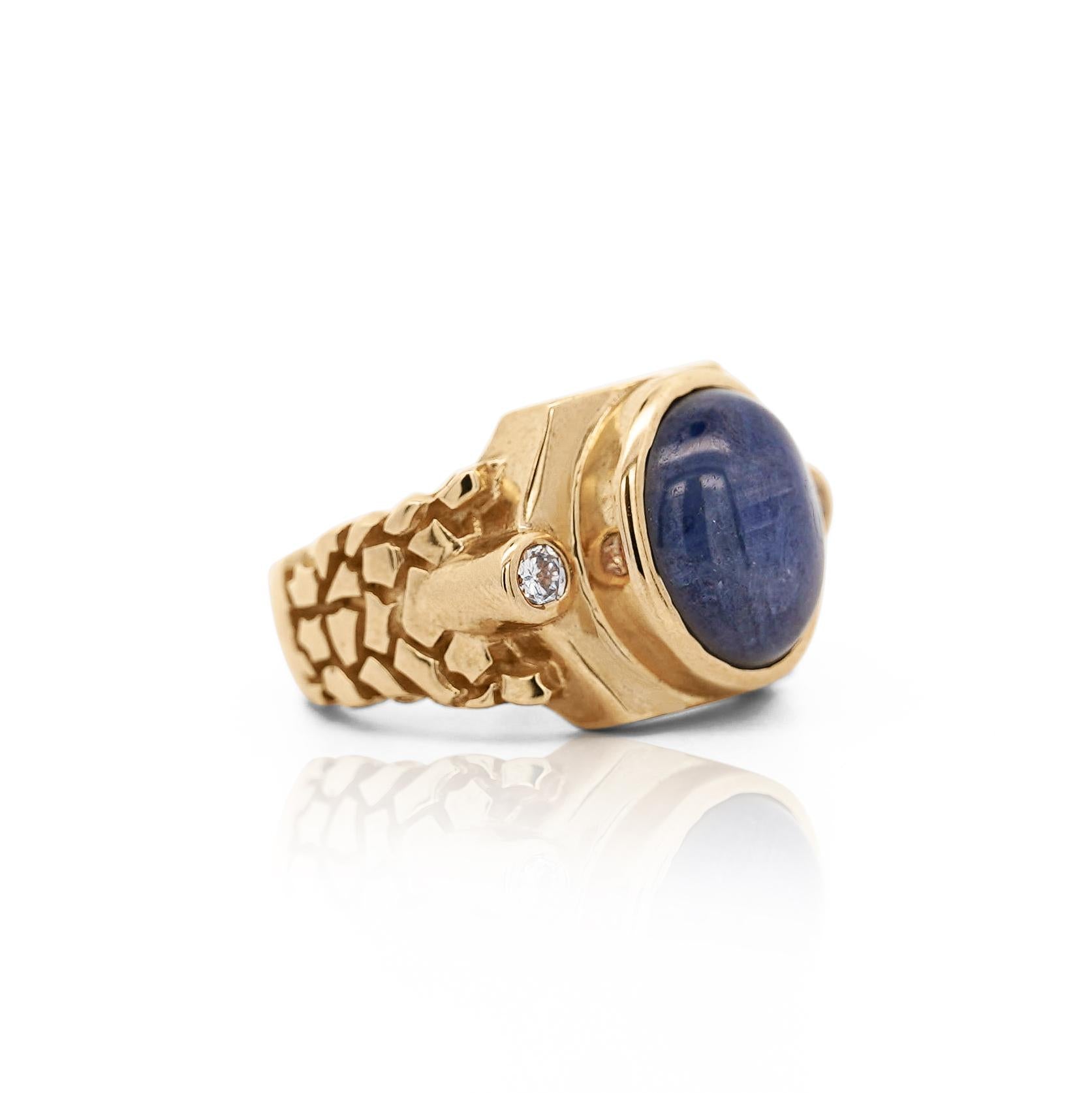 7 Carat Blue Star Sapphire Cabochon & Diamond 14K Gold Nugget Mens Ring