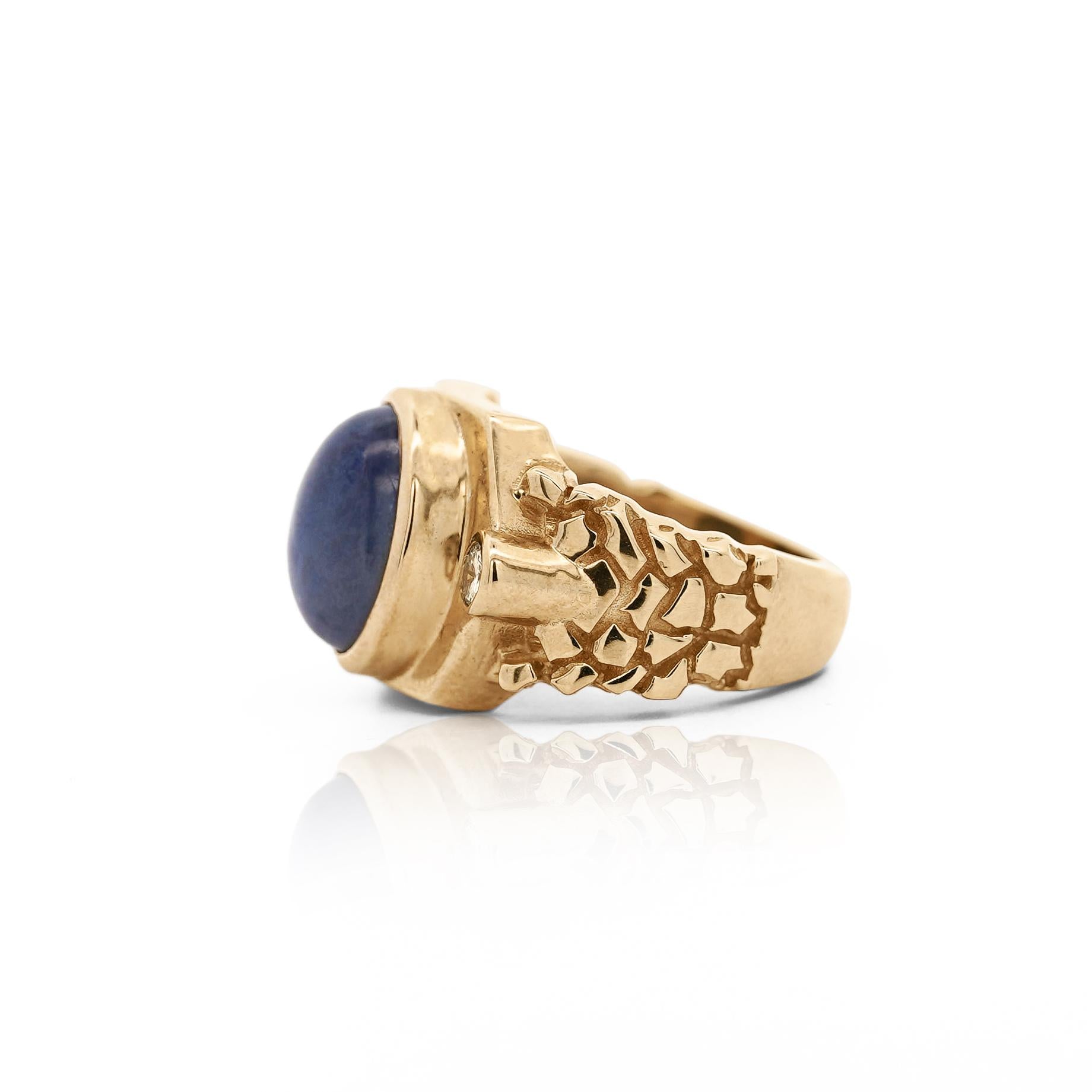 7 Carat Blue Star Sapphire Cabochon & Diamond 14K Gold Nugget Mens Ring