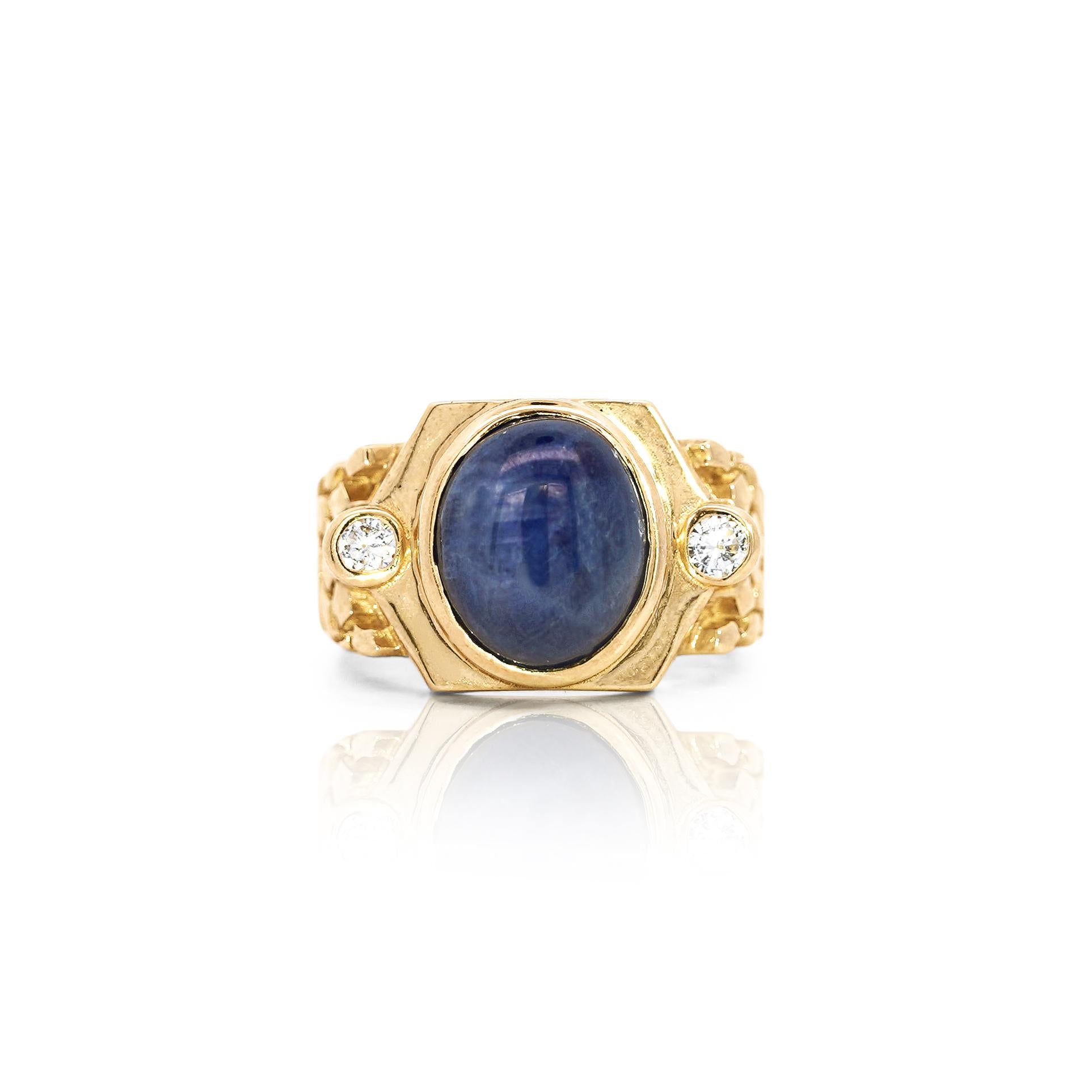 7 Carat Blue Star Sapphire Cabochon & Diamond 14K Gold Nugget Mens Ring