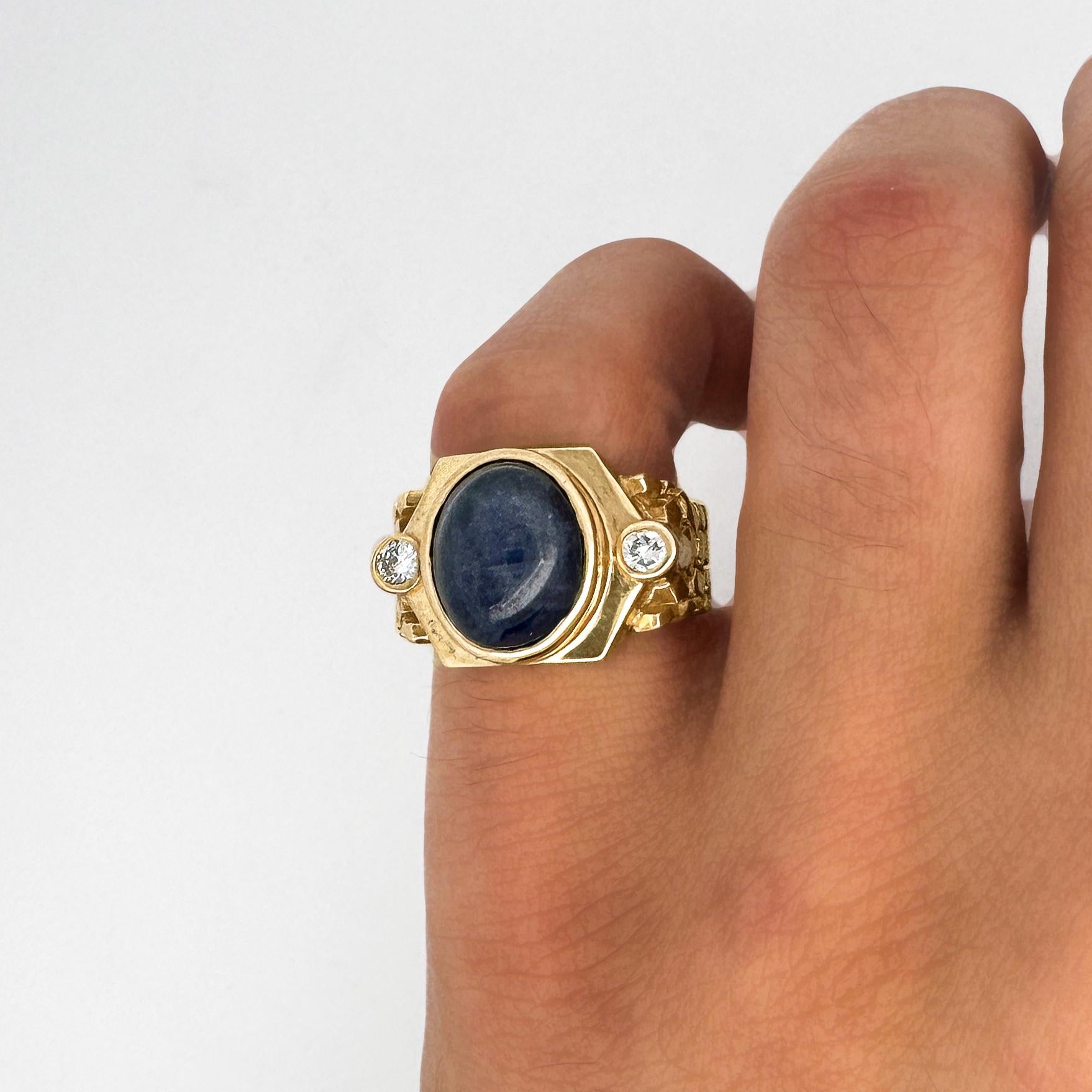 7 Carat Blue Star Sapphire Cabochon & Diamond 14K Gold Nugget Mens Ring