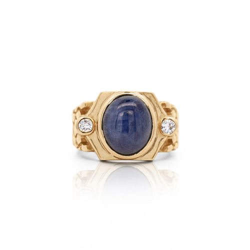 7 Carat Blue Star Sapphire Cabochon & Diamond 14K Gold Nugget Mens Ring