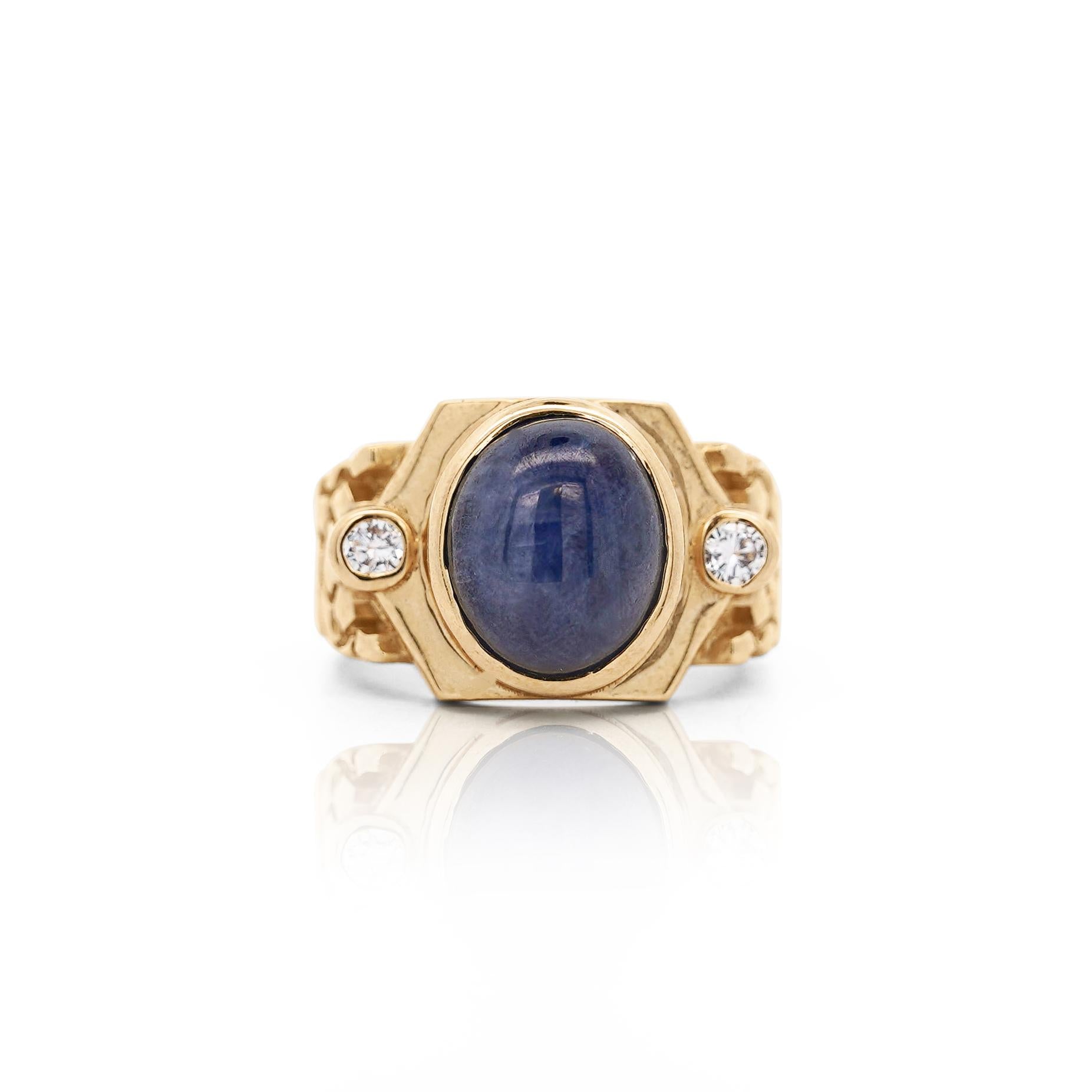 7 Carat Blue Star Sapphire Cabochon & Diamond 14K Gold Nugget Mens Ring