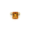 7 Carat Emerald Cut Citrine and Round Cut Diamond Ring in 14k Yellow Gold