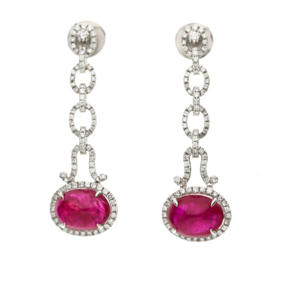 8.05 Carat Oval Cabochon Ruby & Diamond Halo in 18K White Gold Drop Earrings
