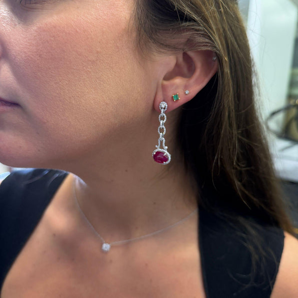 8.05 Carat Oval Cabochon Ruby & Diamond Halo in 18K White Gold Drop Earrings