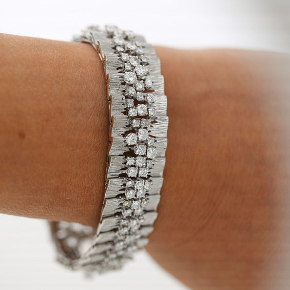 8.50 Carat Round Diamond Three-Row 14K White Gold Bark Texture Wide Bracelet