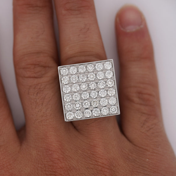 8.56 Carat Round Diamond Full Pave Square 18K White Gold Vintage Mens Ring