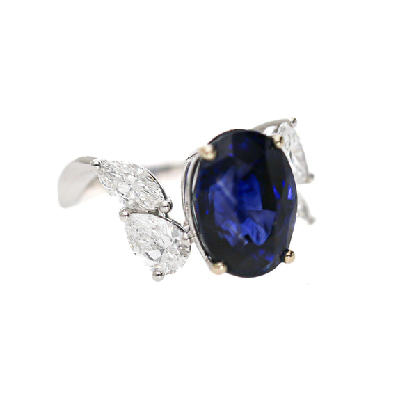 9.5 Carat No Heat Blue Sapphire and Pear Diamond Wing Ring