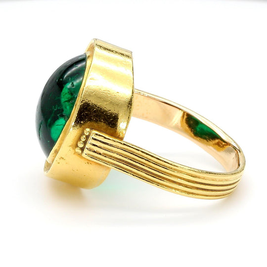 AGL Cert. 10ct Colombian Emerald Cabochon Bezel Gold Egyptian Revival Ring