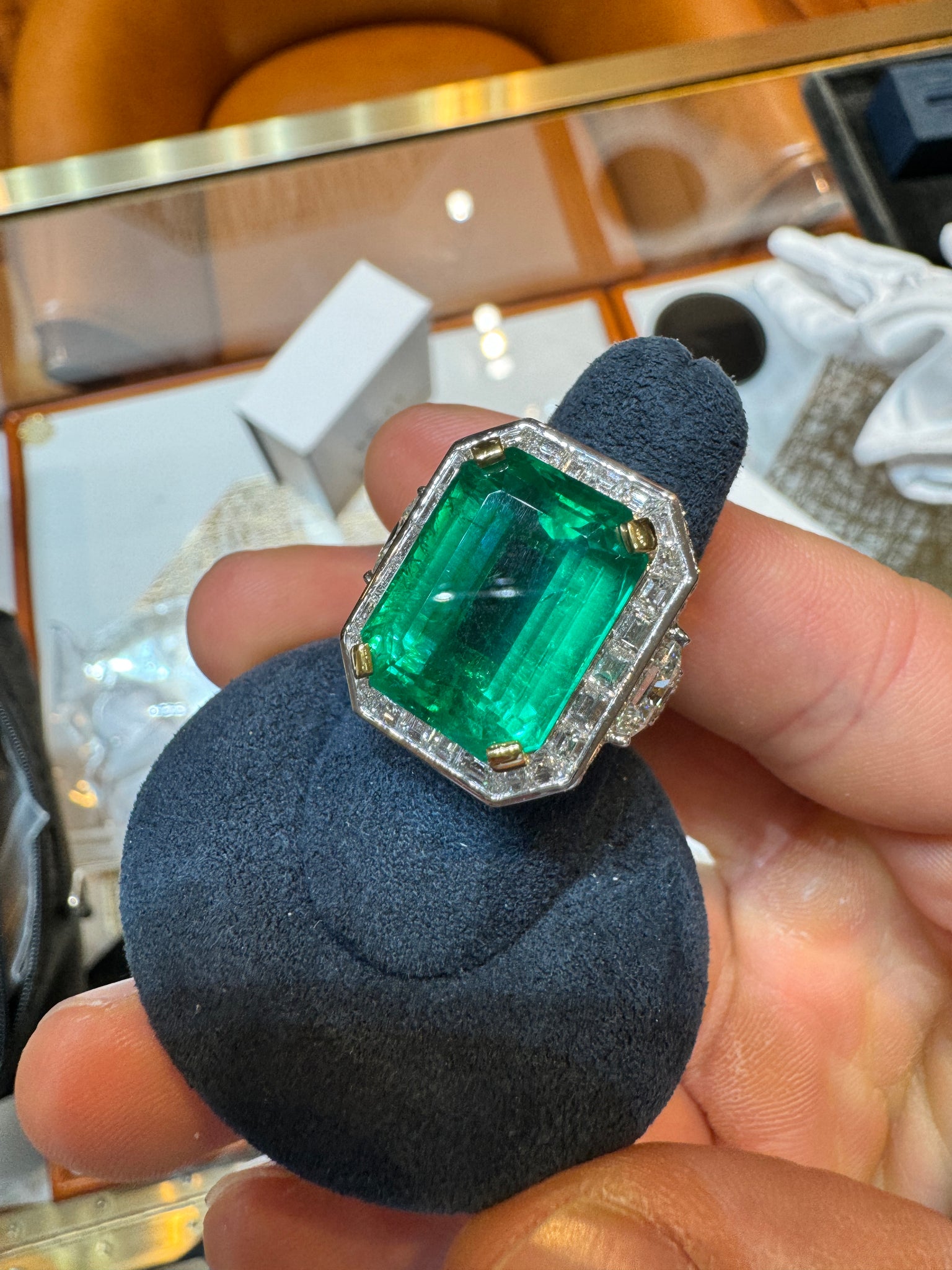 AGL Certified 15.78 Carat No Oil Emerald and Half Moon Cut Diamond Ring
