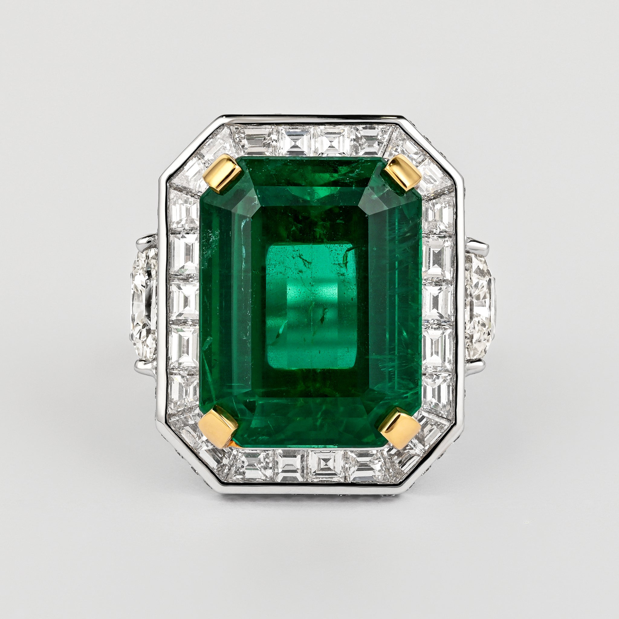 AGL Certified 15.78 Carat No Oil Emerald and Half Moon Cut Diamond Ring