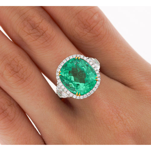 AGL Certified 7.36 Carat No Oil Cushion-Cut Colombian Emerald & Half Moon Cut Diamonds Ring