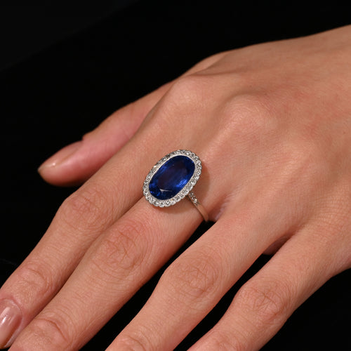 AGL Certified 7.76 Carat No Heat Burma Oval Blue Sapphire Vintage Edwardian Ring in Platinum