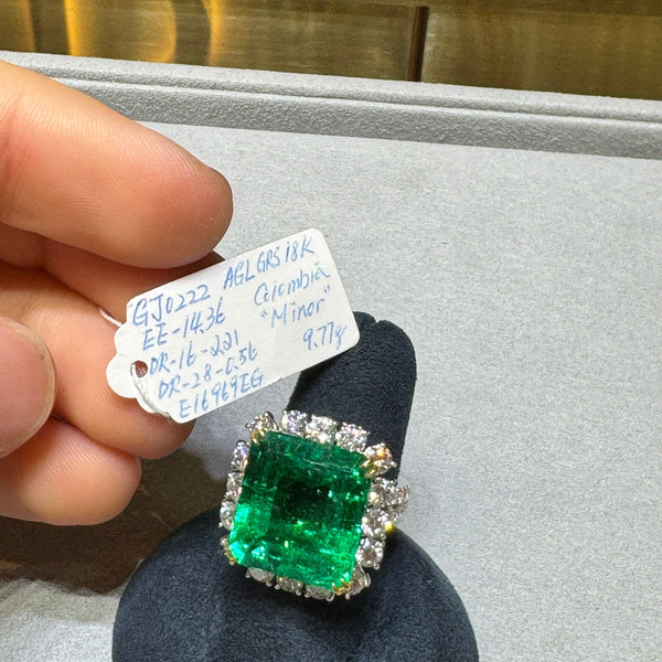 AGL GRS Certified 14.36 Carat Colombian Emerald & Diamond 18K Gold Cocktail Ring