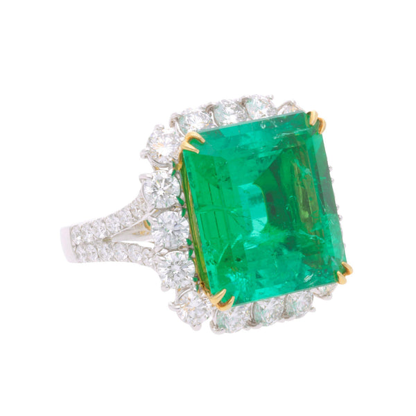 AGL GRS Certified 14.36 Carat Colombian Emerald & Diamond 18K Gold Cocktail Ring