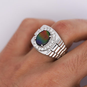 Ammolite & Diamond Halo in 14K White Gold Men's Statement Ring – Assay Jewelers