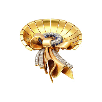 Antique 1940's Diamond & Sapphire Bonnet (Hat) and Ribbon Brooch in 18K Rose & Yellow Gold – Assay Jewelers