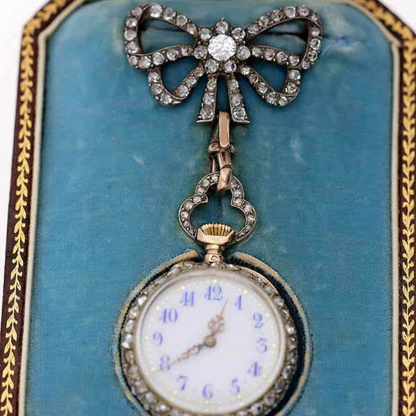 Antique Maison Aucoc Paris Diamond Guilloché Enamel 18K Lapel Bow Brooch Watch