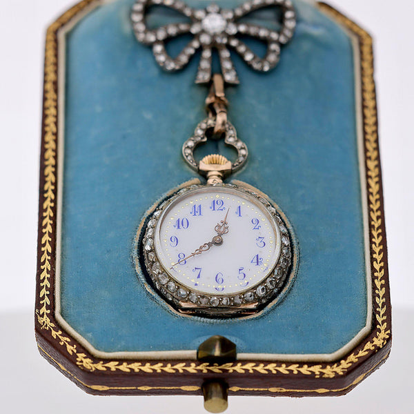 Antique Maison Aucoc Paris Diamond Guilloché Enamel 18K Lapel Bow Brooch Watch