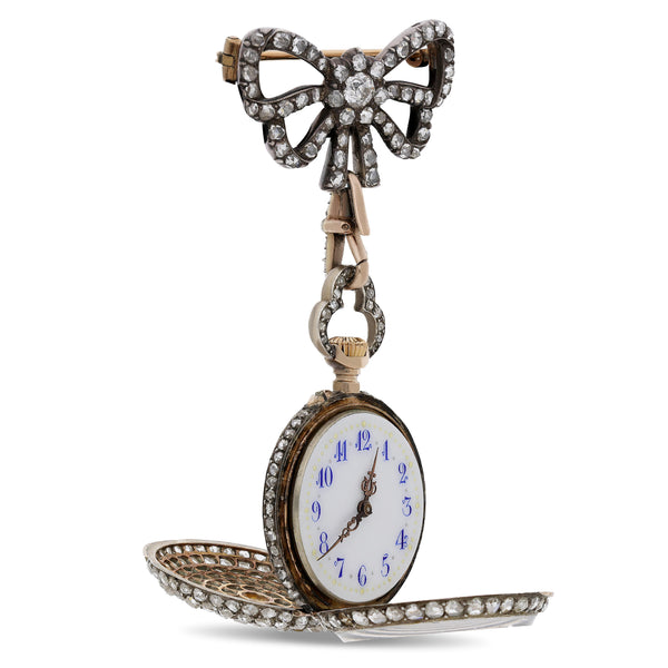Antique Maison Aucoc Paris Diamond Guilloché Enamel 18K Lapel Bow Brooch Watch