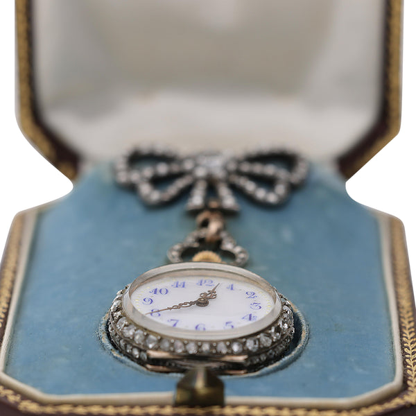 Antique Maison Aucoc Paris Diamond Guilloché Enamel 18K Lapel Bow Brooch Watch