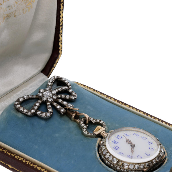 Antique Maison Aucoc Paris Diamond Guilloché Enamel 18K Lapel Bow Brooch Watch