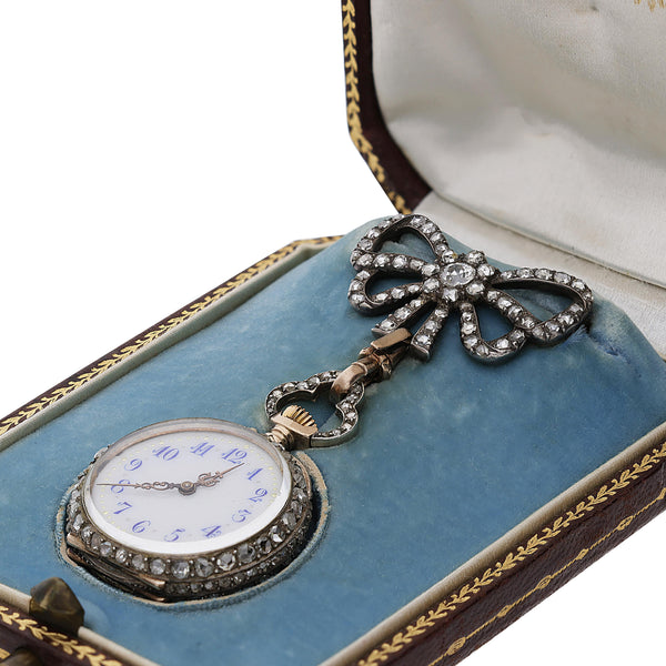 Antique Maison Aucoc Paris Diamond Guilloché Enamel 18K Lapel Bow Brooch Watch