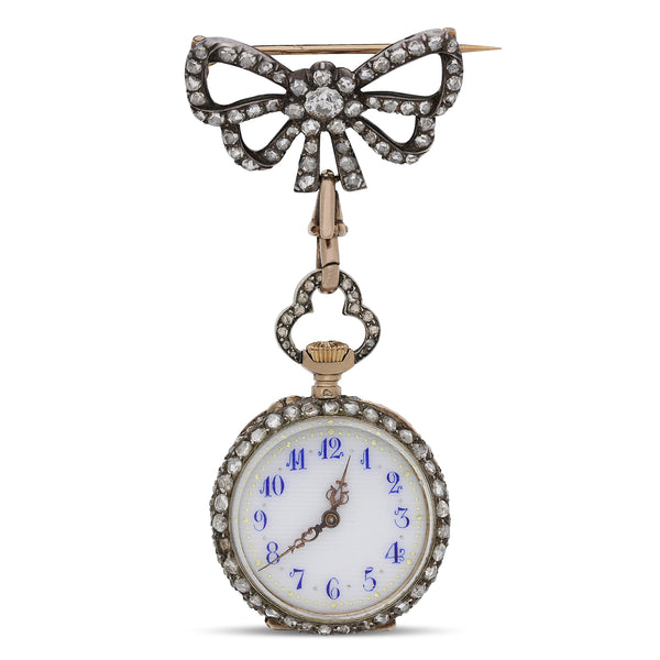 Antique Maison Aucoc Paris Diamond Guilloché Enamel 18K Lapel Bow Brooch Watch