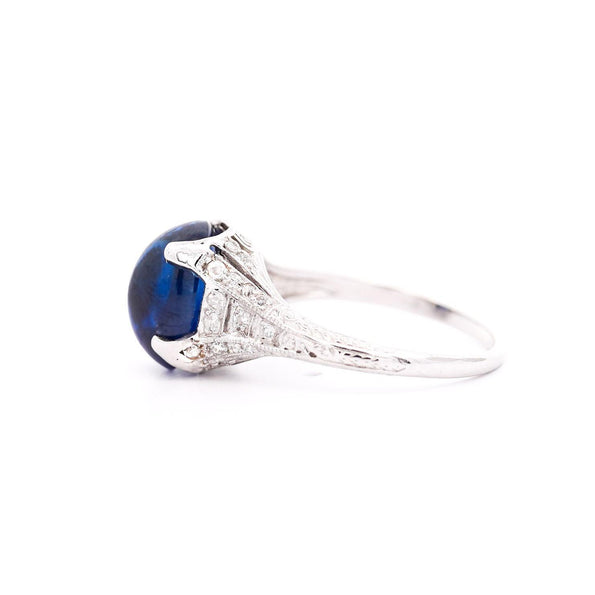 Antique Platinum 5.50 Carat Cabochon-Cut Ceylon Sapphire & Diamond Ring