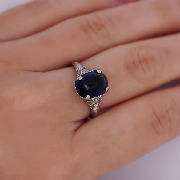 Antique Platinum 5.50 Carat Cabochon-Cut Ceylon Sapphire & Diamond Ring