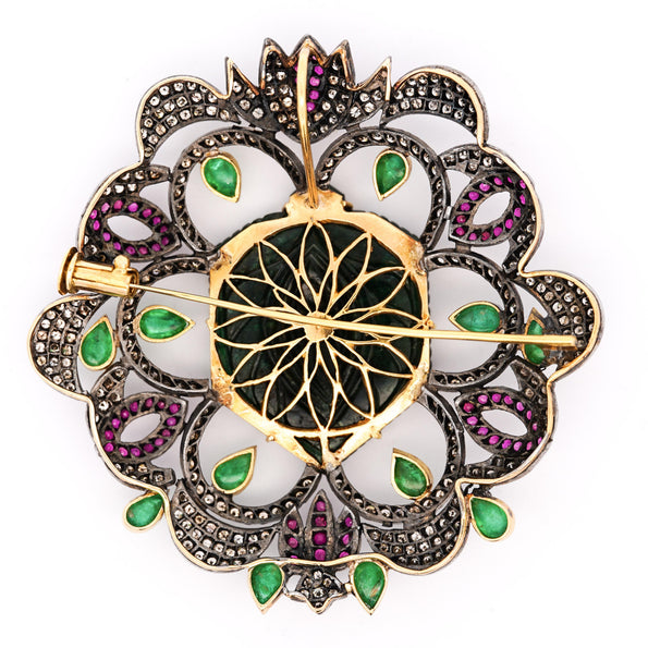Antique Victorian Carved Jade, Emerald, Ruby, Diamond Gold Pendant or Brooch