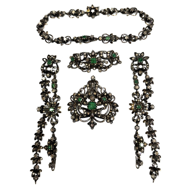 Antique Victorian Emerald Rose Cut Diamond Silver/Gold Parure Suite Necklace
