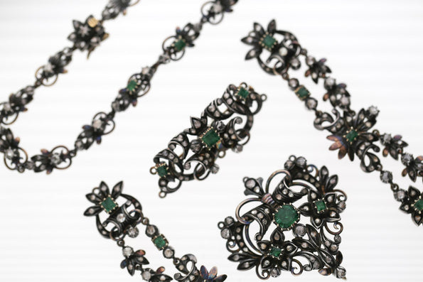 Antique Victorian Emerald Rose Cut Diamond Silver/Gold Parure Suite Necklace