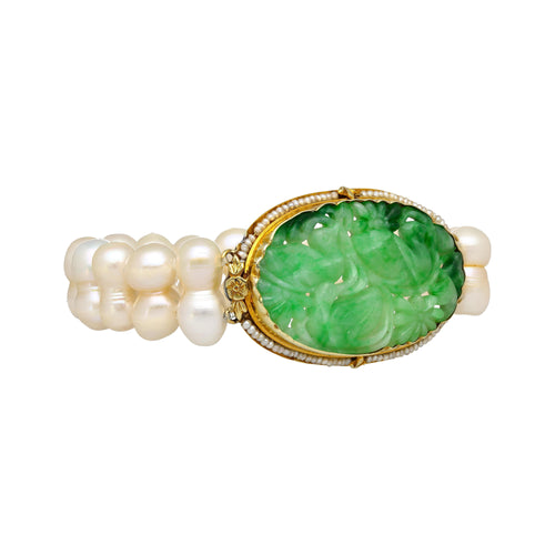 Antique Yellow Gold with Carved Jade and Pearl Pin Bracelet