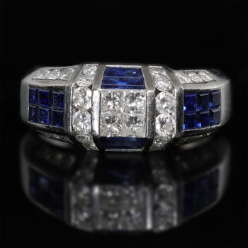 Art Deco 2 Carat Princess & Round Diamond Channel Sapphire Platinum Ring – Assay Jewelers