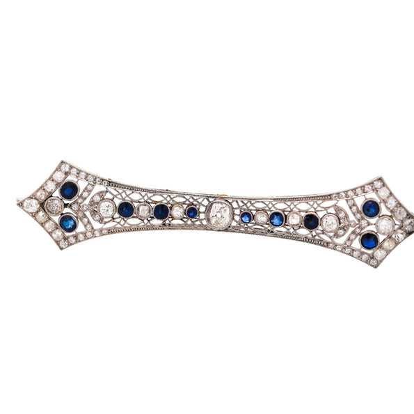 Art Deco 4 Carat Old European Cut Diamond & Sapphire 18K White Gold Pin Brooch