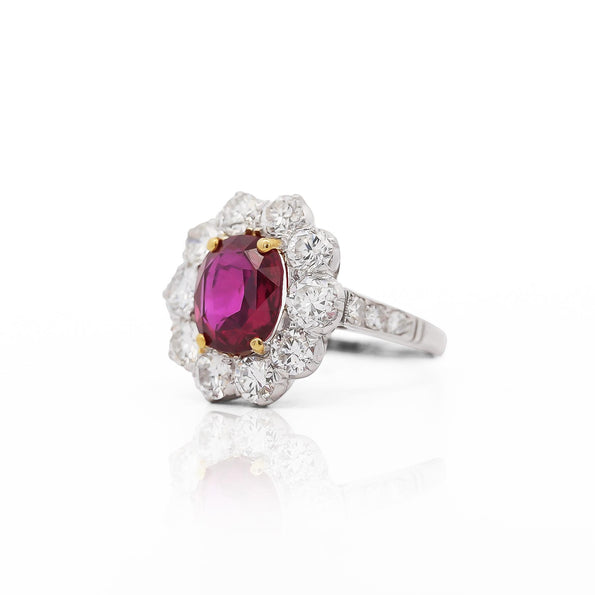 Art Deco 4.05 Carat Ruby and Old Euro Diamond Halo Platinum Ring - AGL Certified