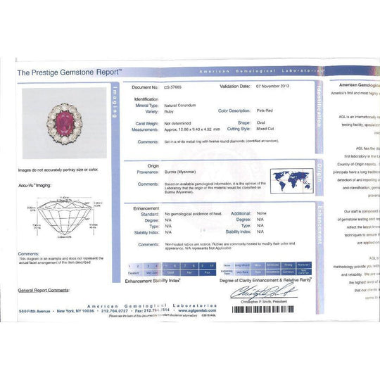 Art Deco AGL Certified No Heat 5.52 Carat Oval Cut Burma Ruby and Round Diamond Halo Ring